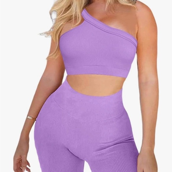 Purple One-Shoulder Ribbed Workout Set - Picture 4 of 4